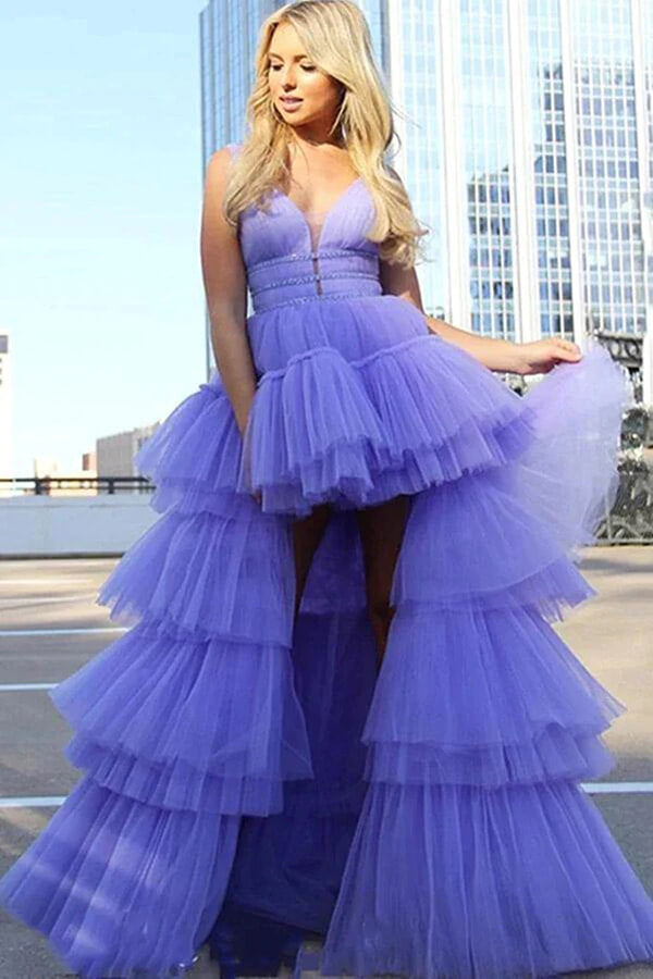 Purple Tulle High Low V Neck Long Prom Dresses PL492 | Promnova US8 / As Picture Purple Tulle High Low V Neck Long Prom Dresses PL492 | Promnova US8 / As Picture