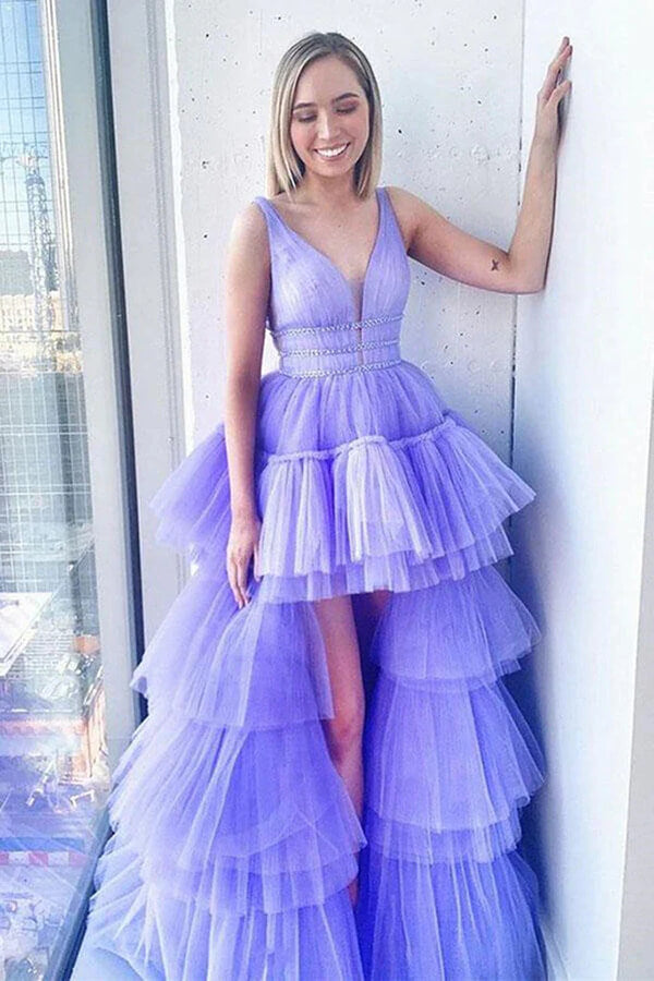 Purple Tulle A Line V Neck Lace Appliques Prom Dress PL503