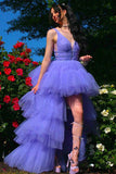 Purple Tulle High Low V Neck Long Prom Dresses, Evening Gowns, PL492