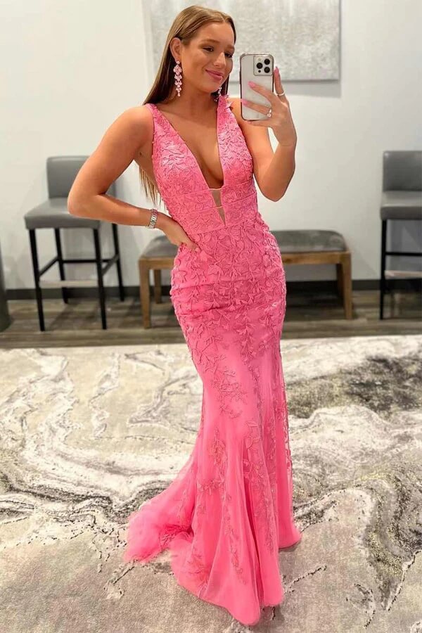 Pink Lace Appliques Mermaid Deep V Neck Long Prom Dresses, Evening Gown, PL461 | pink prom dress | lace prom dress | evening dresses | promnova.com
