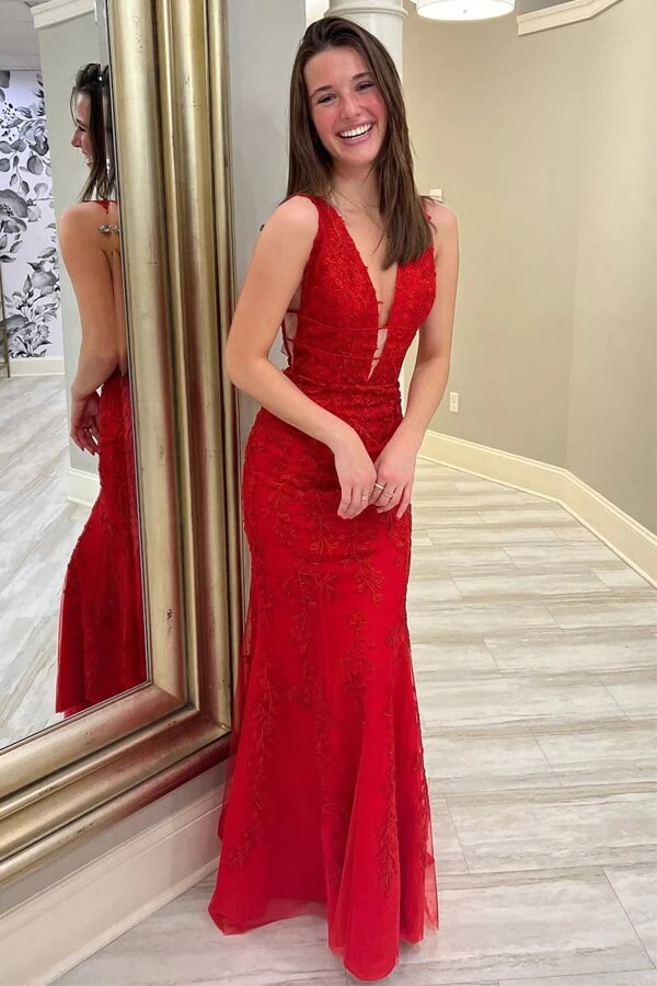 Red Lace Appliques Mermaid Deep V Neck Long Prom Dresses, Evening Gown, PL461 | cheap prom dresses | mermaid prom dresses | party dresses | promnova.com