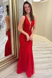 Red Lace Appliques Mermaid Deep V Neck Long Prom Dresses, Evening Gown, PL461 | cheap prom dresses | mermaid prom dresses | party dresses | promnova.com