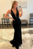Black Lace Appliques Mermaid Deep V Neck Long Prom Dresses, Evening Gown, PL461 | prom dresses online | V neck prom dresses | prom gowns | promnova.com