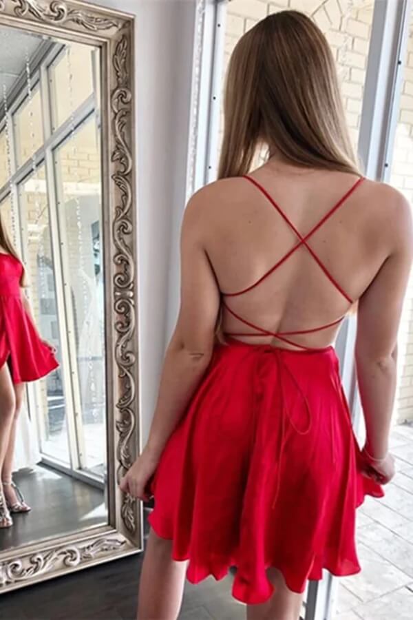 Red Satin A Line Spaghetti Straps Homecoming Dresses PH390 Promnova