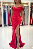 Red Satin Mermaid Off-the-Shoulder Long Prom Dresses, Evening Dresses, PL454