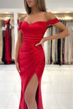 Red Satin Mermaid Off-the-Shoulder Long Prom Dresses, Evening Dresses, PL454| plus size prom dress | prom dress   near me | sexy prom dress | promnova.com