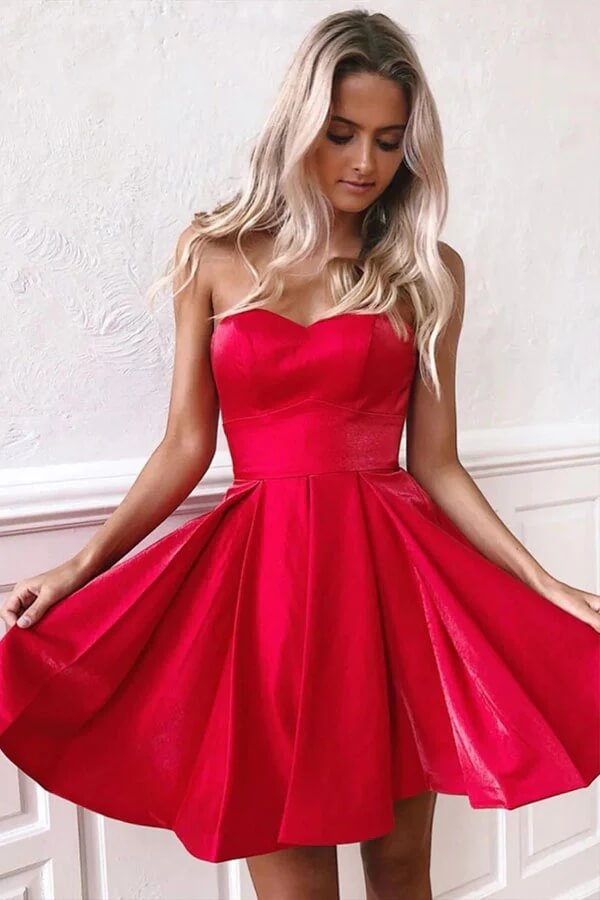 Red Satin Strapless Sweetheart Short Homecoming Dresses With Ruffles, PH401 | cheap homecoming dresses | graduation dresses | short party dresses | promnova.com