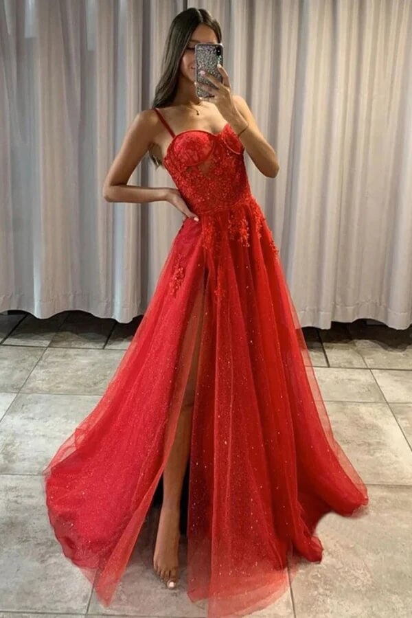 Red Tulle A Line Sweetheart Prom Dresses With Lace Appliques, Party Dress, PL526 | red prom dresses | lace prom dresses | evening dresses | promnova.com