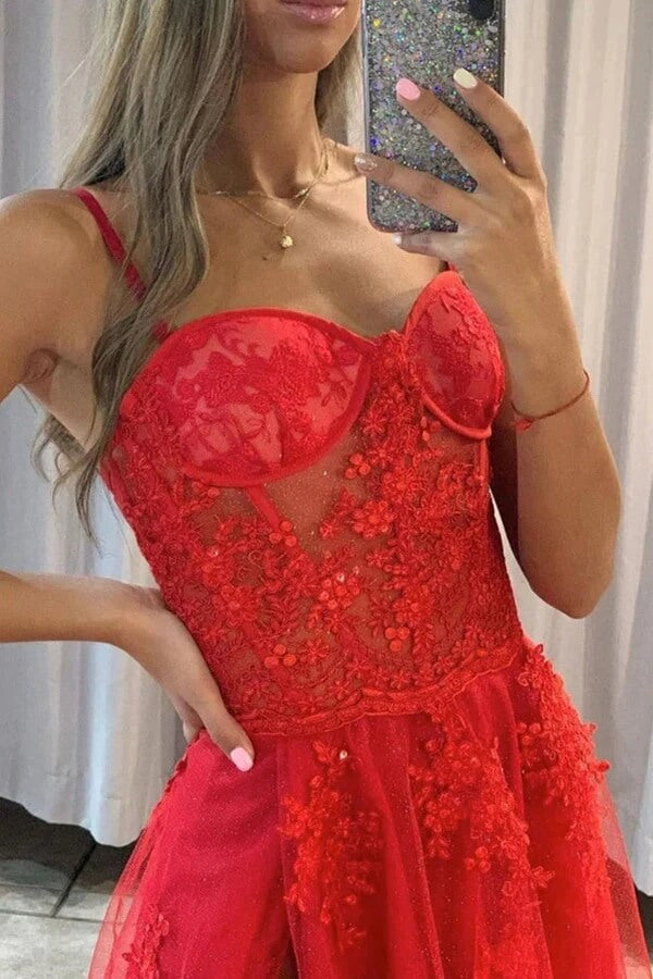 Red Tulle A Line Sweetheart Prom Dresses With Lace Appliques, Party Dress, PL526 | long prom dresses | formal dresses | evening gown | promnova.com