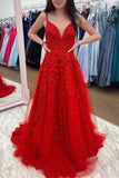 Red Tulle A Line V Neck Prom Dresses With Lace Appliques, Party Dress, PL556