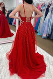 Red Tulle A Line V Neck Prom Dresses With Lace Appliques, Party Dress, PL556 | cheap long prom dress | evening gown | red lace prom dress | promnova.com