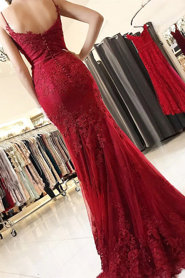 Red Tulle Beaded Mermaid Prom Dress With Lace Appliques, Formal Dress, PL506 | long prom dress | modest prom dress | dress for prom | promnova.com
