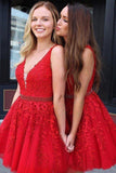 Red Tulle Lace Appliques Beaded A Line V Neck Short Homecoming Dresses, PH374