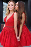 Red Tulle Lace Appliques Beaded A Line V Neck Short Homecoming Dresses, PH374 | cheap homecoming dress | a line homecoming dresses | short party dresses | promnova.com