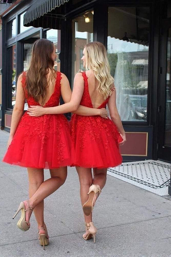 Red Tulle Lace Appliques Beaded A Line V Neck Short Homecoming Dresses, PH374 | lace homecoming dresses | school event dresses | short prom dresses | promnova.com