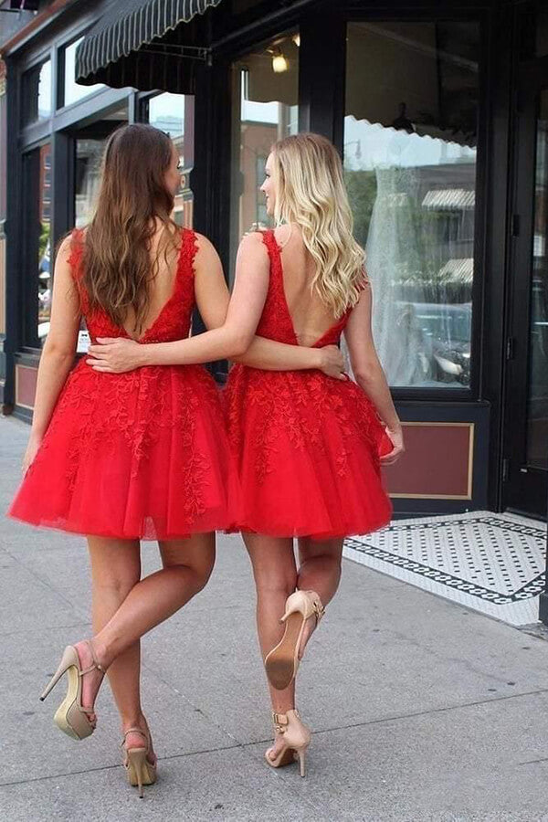 Red Lace Beaded Homecoming Dresses V Neck Tulle Short Prom Dress US6 / Red Red Lace Beaded Homecoming Dresses V Neck Tulle Short Prom Dress US6 / Red
