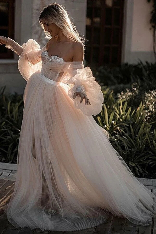Romantic A-line Flowy Long Sleeves Backless Wedding Dresses, Bridal Gown, PW333 | boho wedding dress | lace wedding dress | wedding dress styles | promnova.com