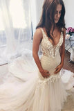 Romantic Ivory Tulle Lace Mermaid Backless Wedding Dresses, Bridal Gowns, PW288
