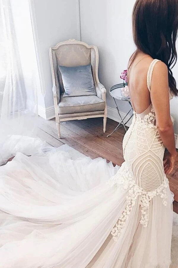 Romantic Ivory Tulle Lace Mermaid Backless Wedding Dresses, Bridal Gowns, PW288 | sexy wedding dress | boho wedding dress | wedding gown | promnova.com