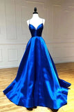 Royal Blue A Line V Neck Spaghetti Straps Prom Dresses, Evening Dresses, PL426
