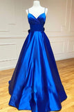 Royal Blue Satin A-line V-neck Spaghetti Straps Prom Dresses, Evening Gown, PL447