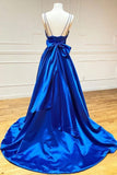 Royal Blue Satin A-line V-neck Spaghetti Straps Prom Dresses, Evening Gown, PL447 | a line prom dresses | cheap prom dresses | long formal dresses | promnova.com