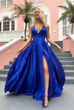Royal Blue Satin A Line V Neck Spaghetti Straps Prom Dresses With Slit, PL430