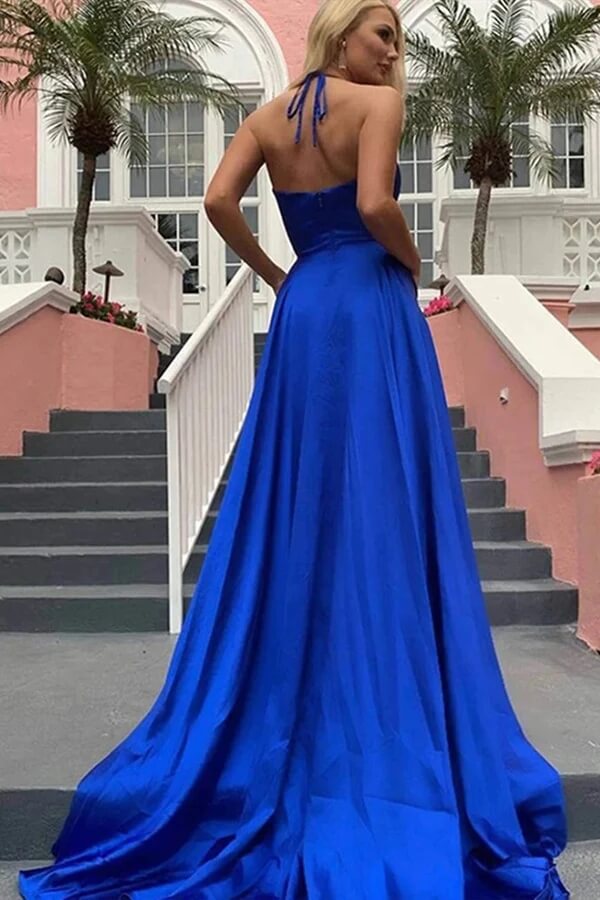 Royal Blue Satin A Line V Neck Spaghetti Straps Prom Dresses With Slit, PL430 | cheap prom dresses online | simple prom dresses | party dresses | promnova.com