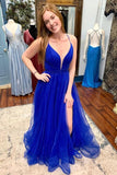 Royal Blue Tulle A-line V-neck Spaghetti Straps Long Prom Dresses With Slit, PL463