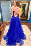 Royal Blue Tulle A-line V-neck Spaghetti Straps Long Prom Dresses With Slit, PL463 | a line prom dresses | simple prom dresses | tulle prom dresses | promnova.com
