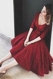 Tulle V neck Burgundy Tea-length Short Prom Dress , Homecoming Dress SH248