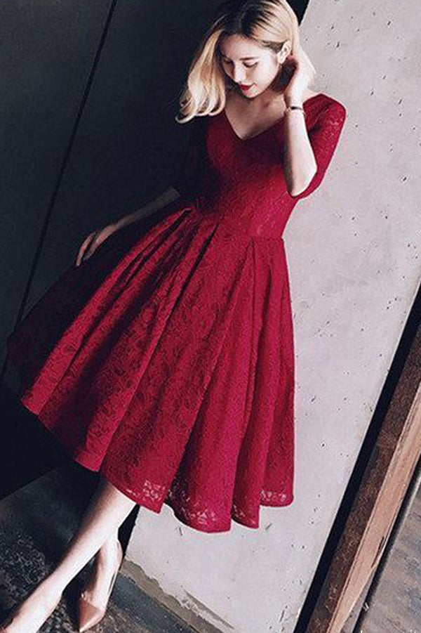 short maroon dresses for prom A Line Deep V Neck Burgundy Satin Homecoming Dresses, V Nec Shiny Party Length Fabric Tulle V neck Burgundy Tea-length