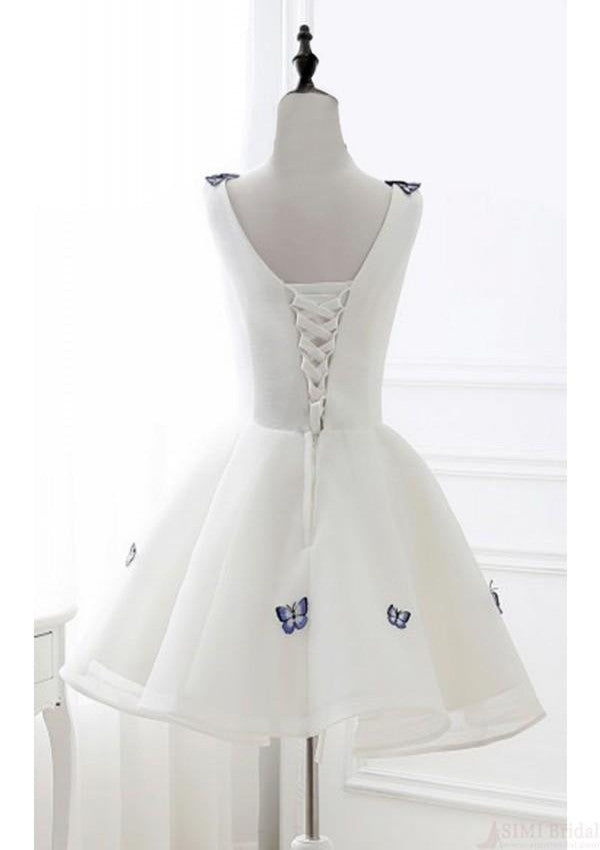promnova.com|Satin Butterfly Ivory Organza Short V neck Homecoming Dress 