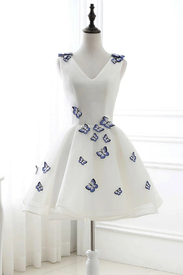 slim fit dress slacks Satin Butterfly Ivory Organza Short V Neck Homecoming Dress US6 / As Picture