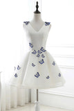 Satin Butterfly Ivory Organza Short V neck Homecoming Dress SH250