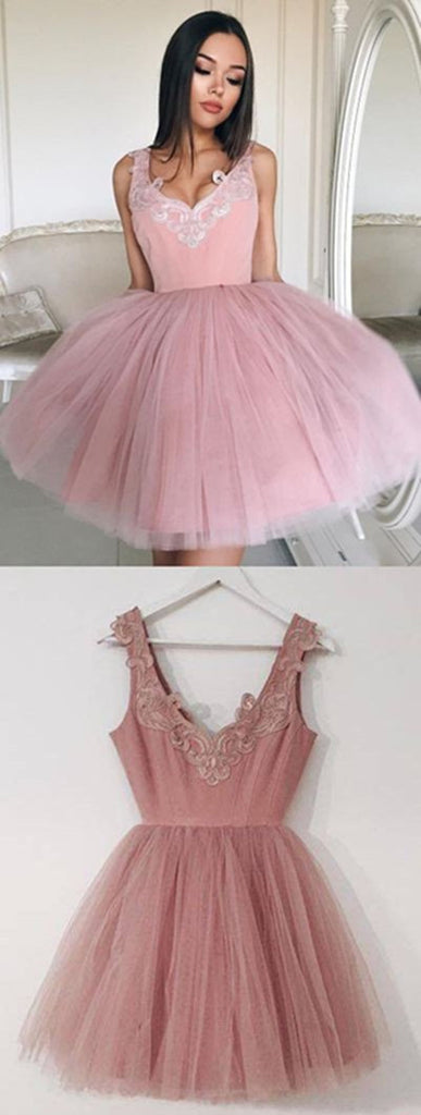 promnova.com|Pink Homecoming Dress Tulle Straps Appliques Short Party Dress 