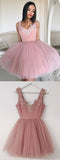 promnova.com|Pink Homecoming Dress Tulle Straps Appliques Short Party Dress 