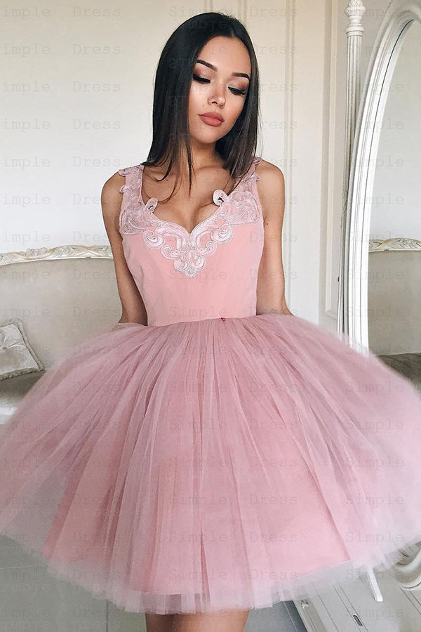 Pink Homecoming Dress Tulle Straps Appliques Short Party Dress US10 / As Picture Pink Homecoming Dress Tulle Straps Appliques Short Party Dress US10 / As Picture