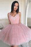 Pink Homecoming Dress Tulle Straps Appliques Short Party Dress SH251