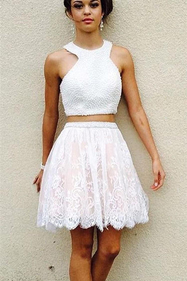 Two Piece Sexy Lace Beading Short Homecoming Dress White Party Dress, SH255
