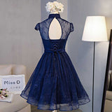 High Neck Lace Dark Navy Short Homecoming Dress Prom Dress , SH257 from promnova.com