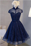 High Neck Lace Dark Navy Short Homecoming Dress Prom Dress , SH257