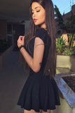 promnova.com|Fabulous Chiffon Black Cap Sleeves V neck Homecoming Dress