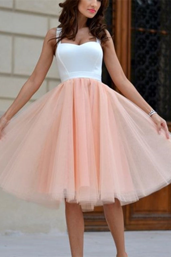 Cheap Homecoming Dress Sexy Straps Tulle Short Pink Party Dress – Promnova