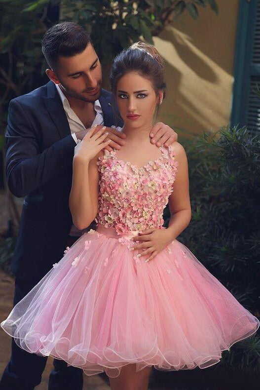 Pink Tulle Homecoming Dress Hand-Made Flower Prom Dress, SH263