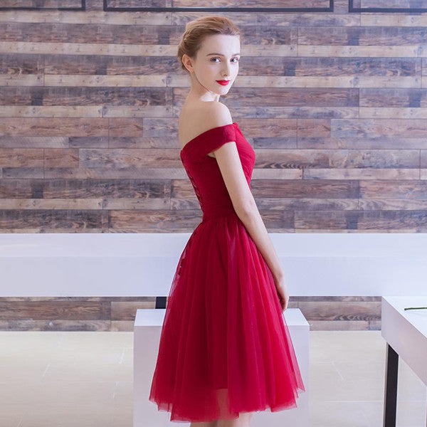 Off-the-shoulder Homecoming Dress Burgundy Short Prom Dress – Promnova