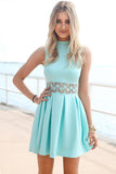 Sky Blue Sleeveless Homecoming Dress High Neck Short Satin Prom Dress, SH267