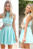 promnova.com supply Sky Blue Sleeveless Homecoming Dress High Neck Short Satin Prom Dress, SH267