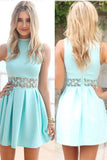 Sky Blue Sleeveless Homecoming Dress High Neck Short Satin Prom Dress, SH267