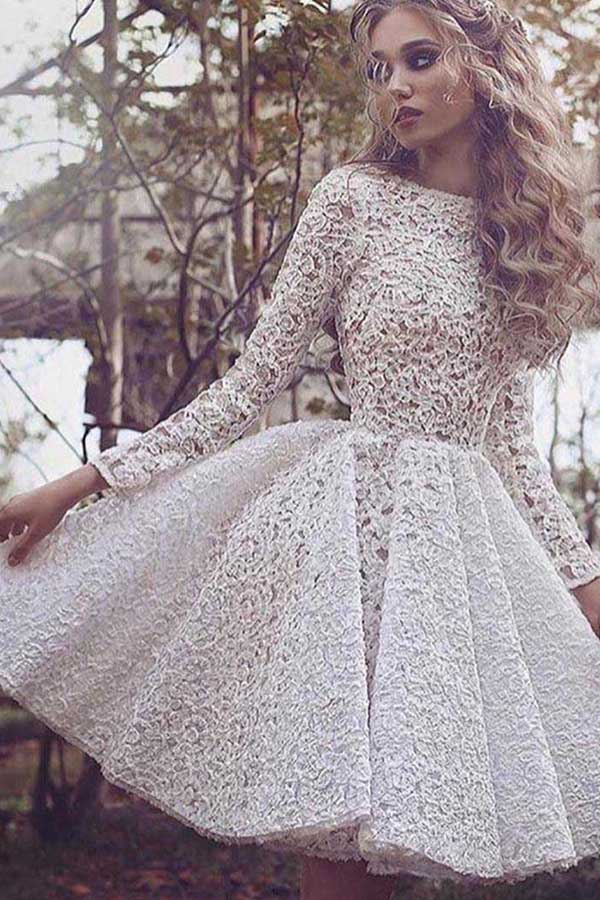 Long Sleeve Lace Homecoming Dress Ivory Short Prom Dress Party Dress, SH269